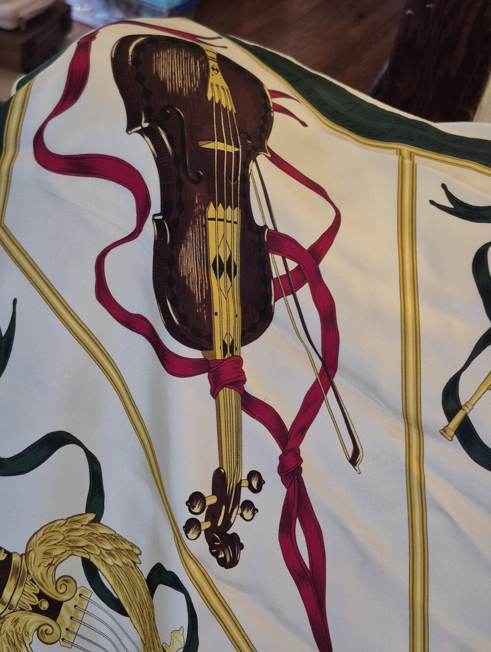 Silk Musical Instruments Print Scarf - Ivory with Navy & Gold Vintage - Picture 4 of 7